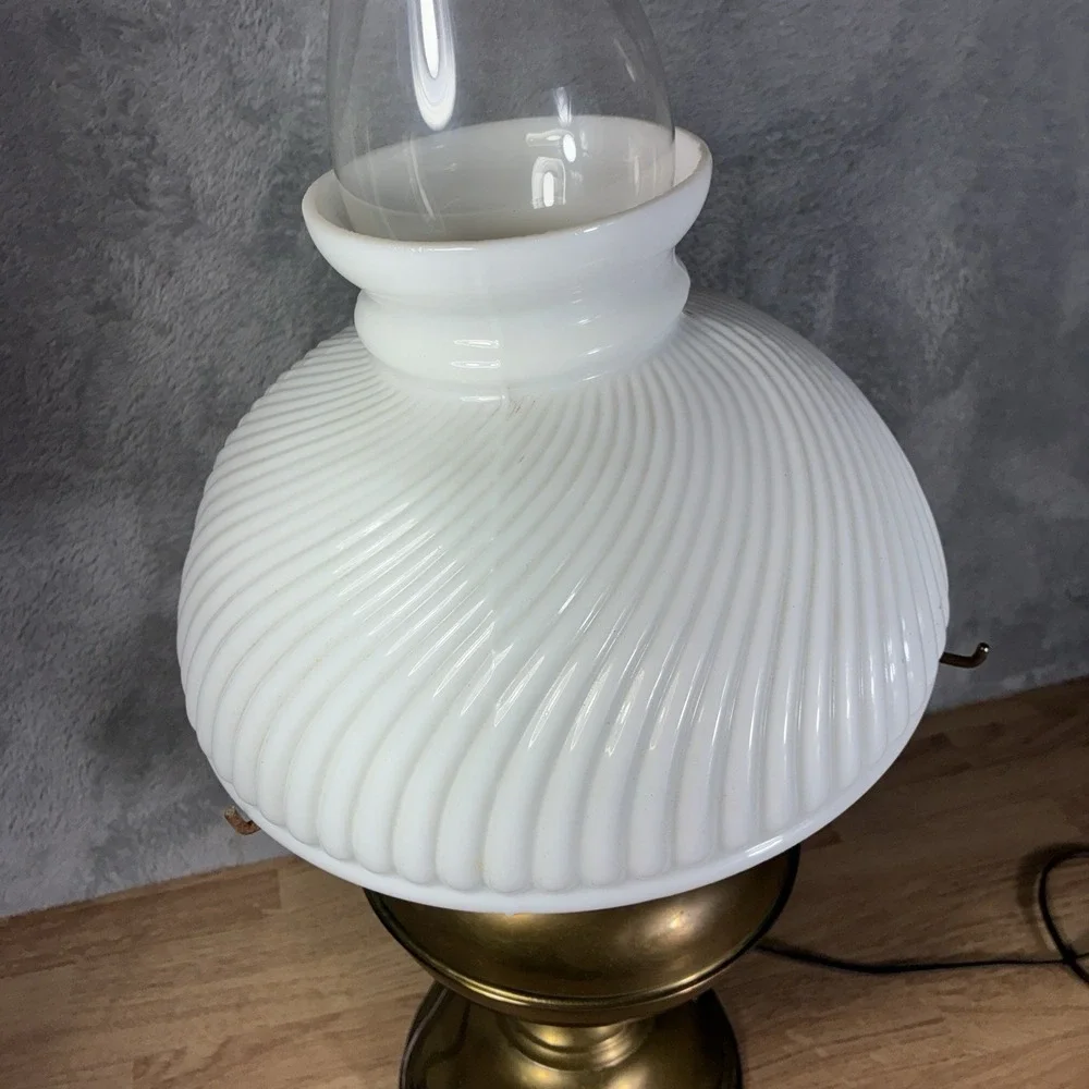 Vintage Brass Rayo Electrified Oil Lamp-Glass Chimney & White Milk Glass Shade